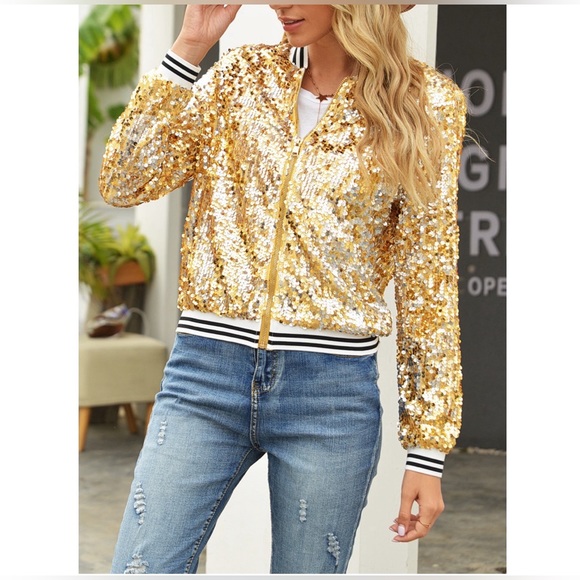New Women’s Sequin Jackets Sparkle Long Sleeve Zipper Bomber Jacket Lightweight - Picture 1 of 3